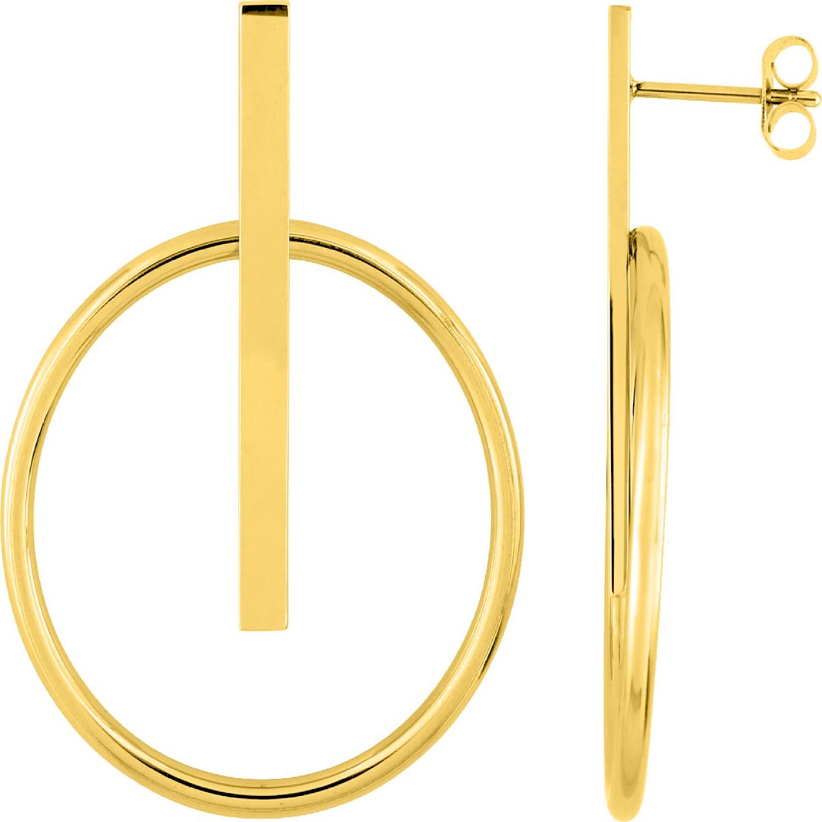 Boucles D'Oreilles Cercle Ajouré Géométrique Traversé Par Un Trait – Acier Doré 40 x 30 mm