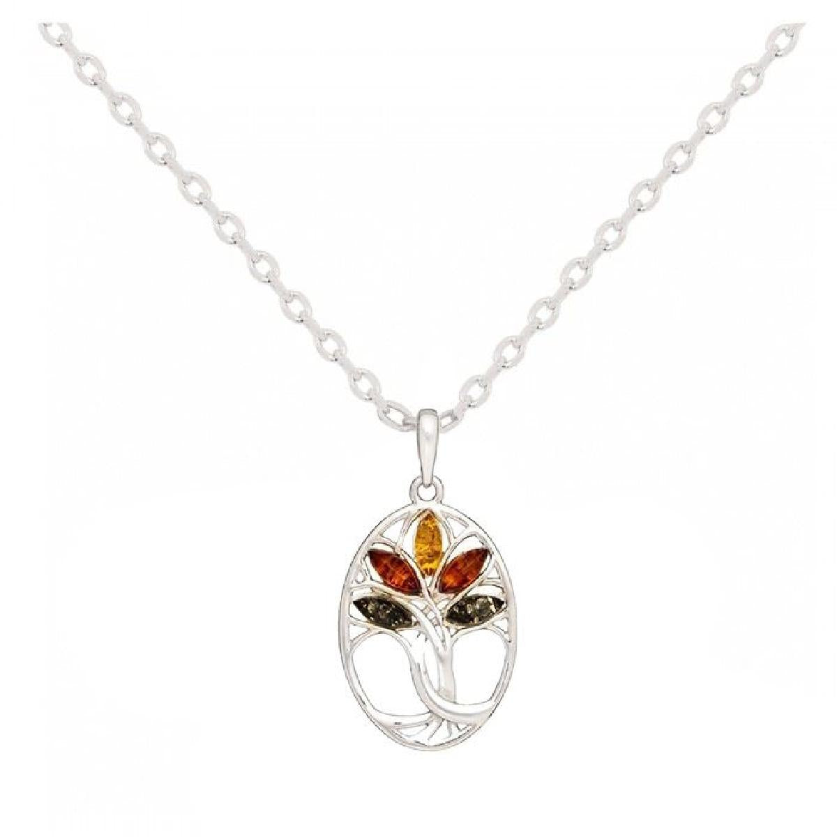 Collier Forcat Arbre de Vie Pendentif Ovale Ambre Miel Cognac Vert – Argent Rhodié 925