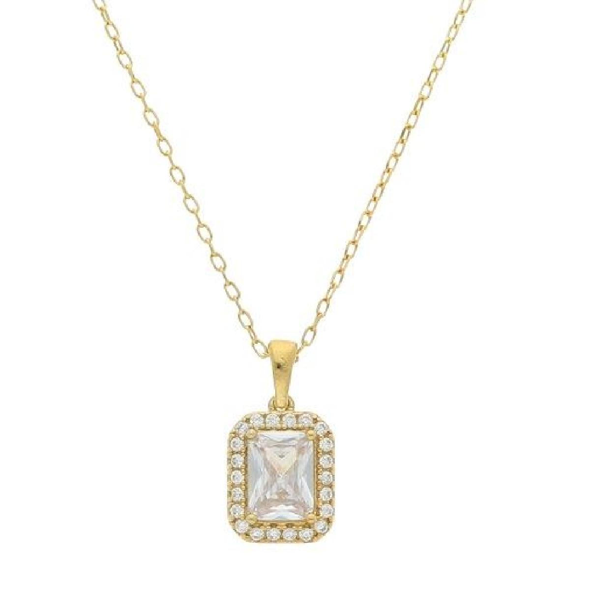 Collier Oxyde de Zirconium Rectangulaire Blanc Entouré d'Oxydes Blancs – Argent Doré