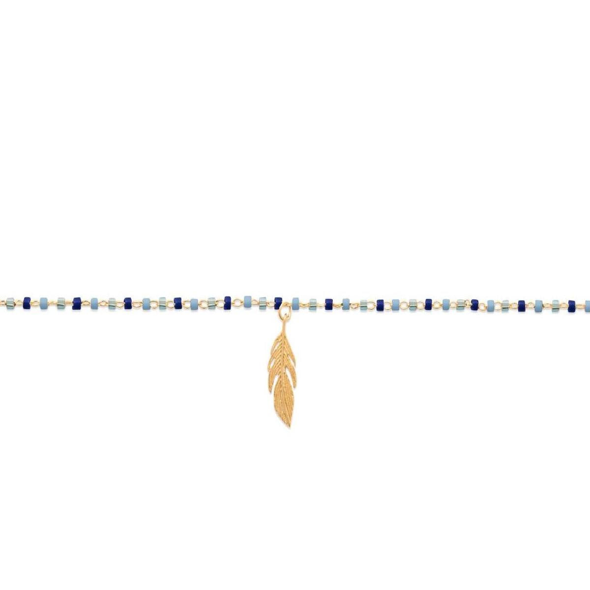 Chaîne de cheville Plume Centrale Avec Perles Bleues et Détails Dorés – Plaqué Or Jaune 3 Microns