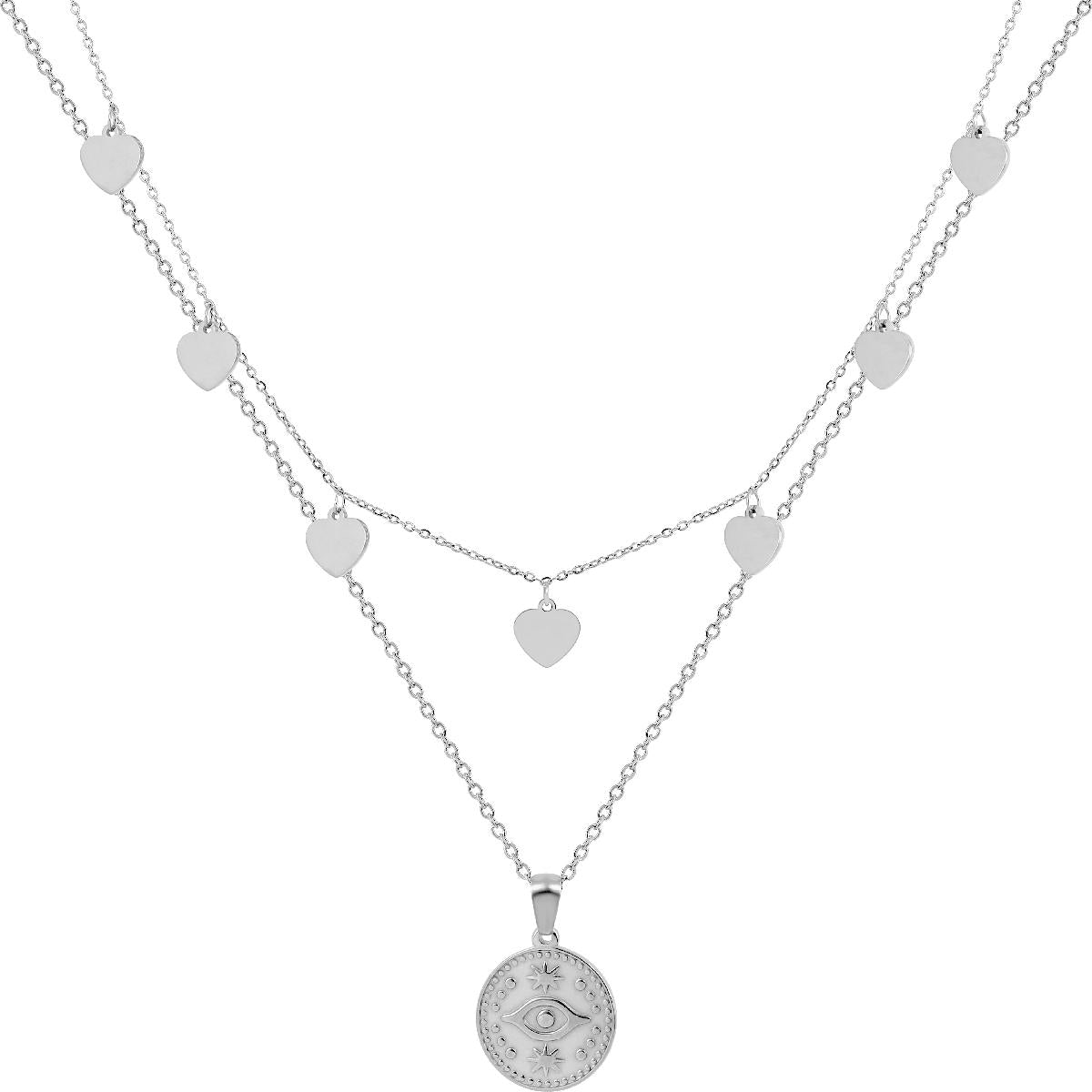 Collier Multi Rang Cœur et Œil Double, Pampilles Cœur et Pendentif Rond sur Chaîne, Modèle Ancien – Acier