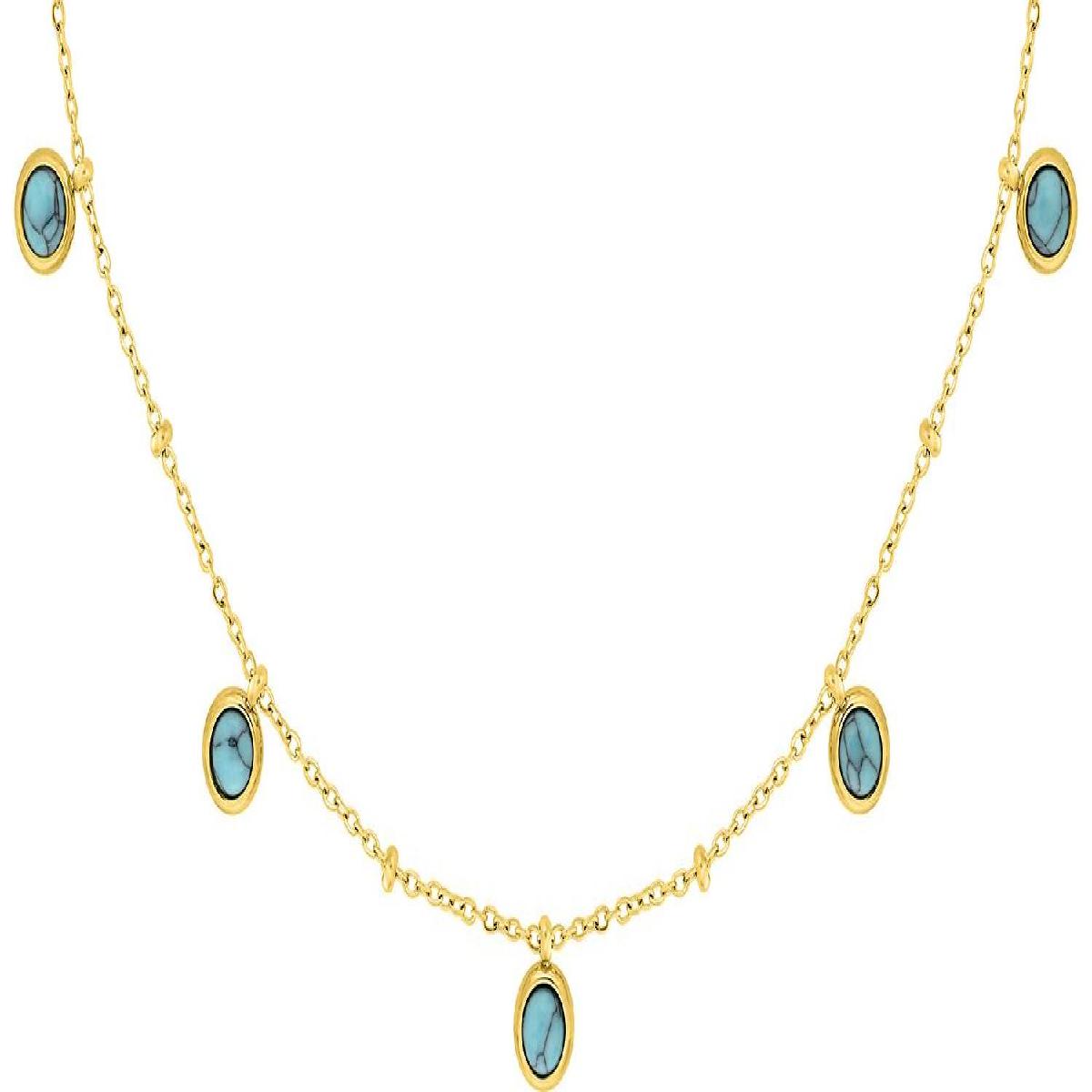 Collier Maille Forçat À Billes Turquoise Synthétique – Acier Doré 38 cm + 5 cm Chainette