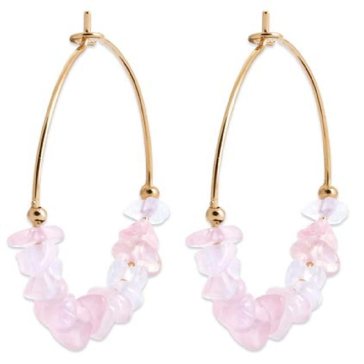 Boucles D'Oreilles Quartz Rose – Plaqué Or Jaune 3 Microns, Diamètre 30 mm, Pierres Naturelles Percées