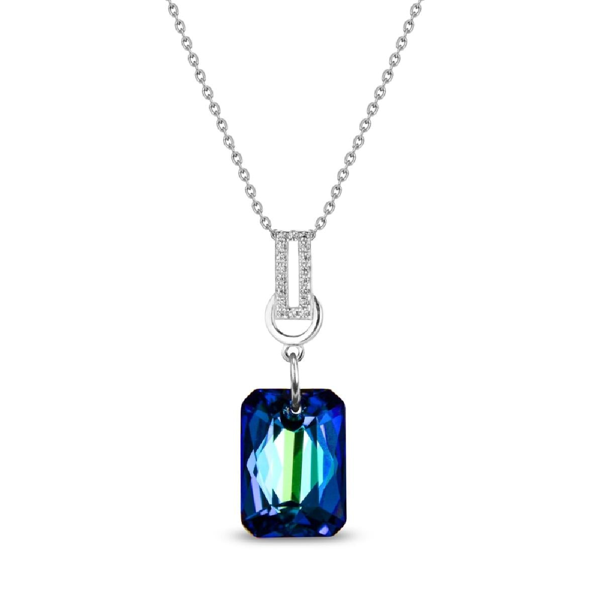 Collier Pendentif Rectangles Superposés Serti Oxyde de Zirconium Et Cristal Bleu Foncé – Argent 925