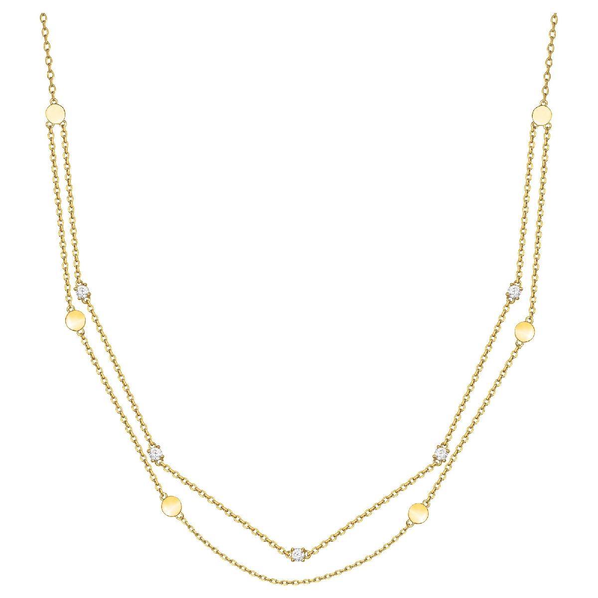 Collier Double Rang 5 Oxydes de Zirconium Blancs et 6 Pastilles Rondes Sur Chaîne Plaqué Or
