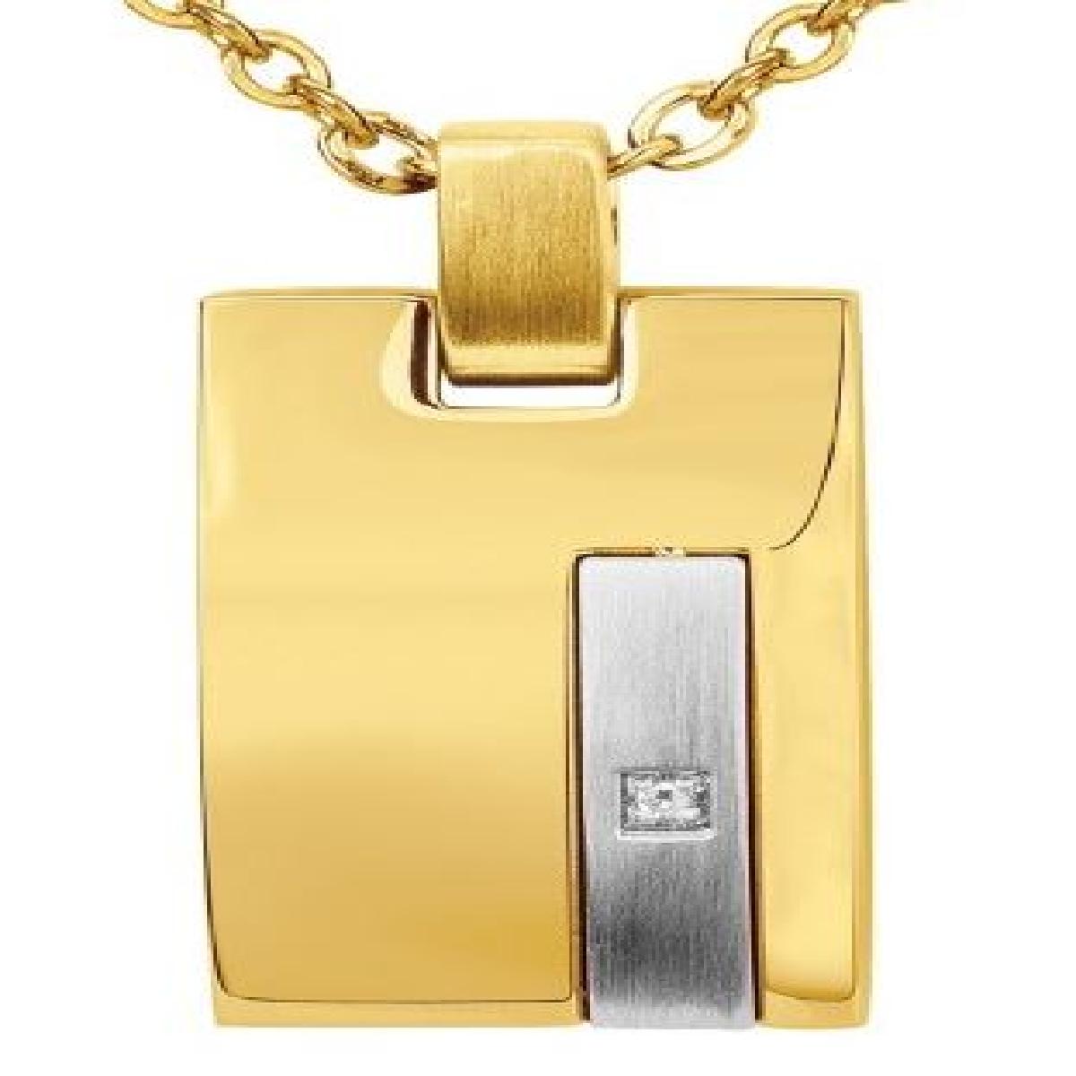 Collier Homme Pendentif Rectangulaire Diamant Serti À Griffes - Acier Doré Et Gris