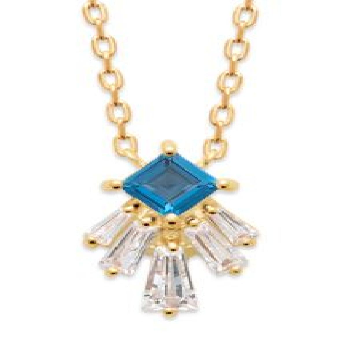 Collier Maille Forçat Pendentif Fixe Zirconium Bleus Et Blancs Serti - Plaqué Or