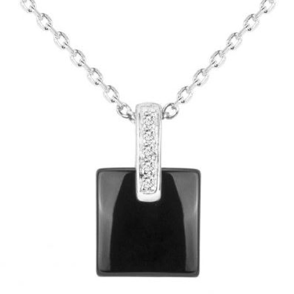 Collier Pendentif Carré En Céramique Noire Longueur 42 Cm – Zirconium – Argent 925