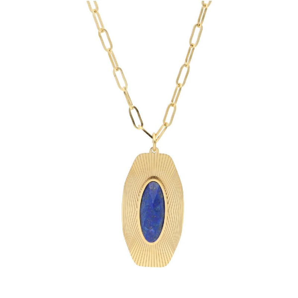 Sautoir P Couleur Acier Doré Et Lapis Lazuli Longueur Réglable 72 Centimètres Avec Fermoir