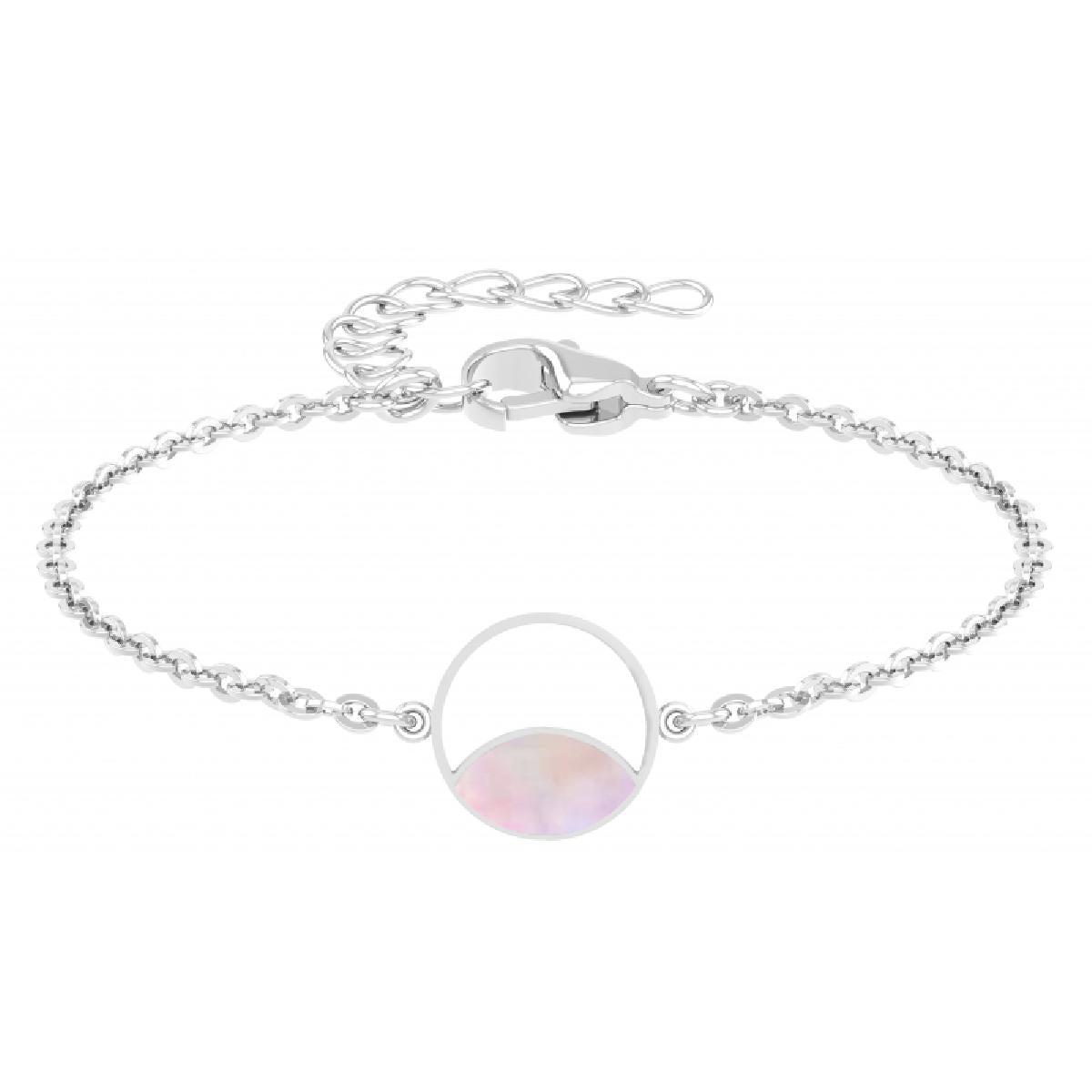 Bracelet Motif Rond Ajouré Nacré Rose Orné Chaîne Maille Forçat – Acier Inoxydable