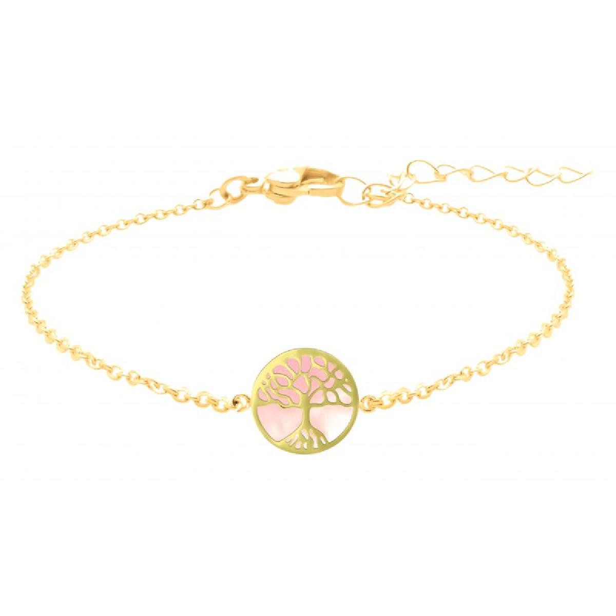 Bracelet Arbre De Vie Ajouré Nacre Rose Et Chaîne Fine Et Délicate – Acier Inoxydable Doré