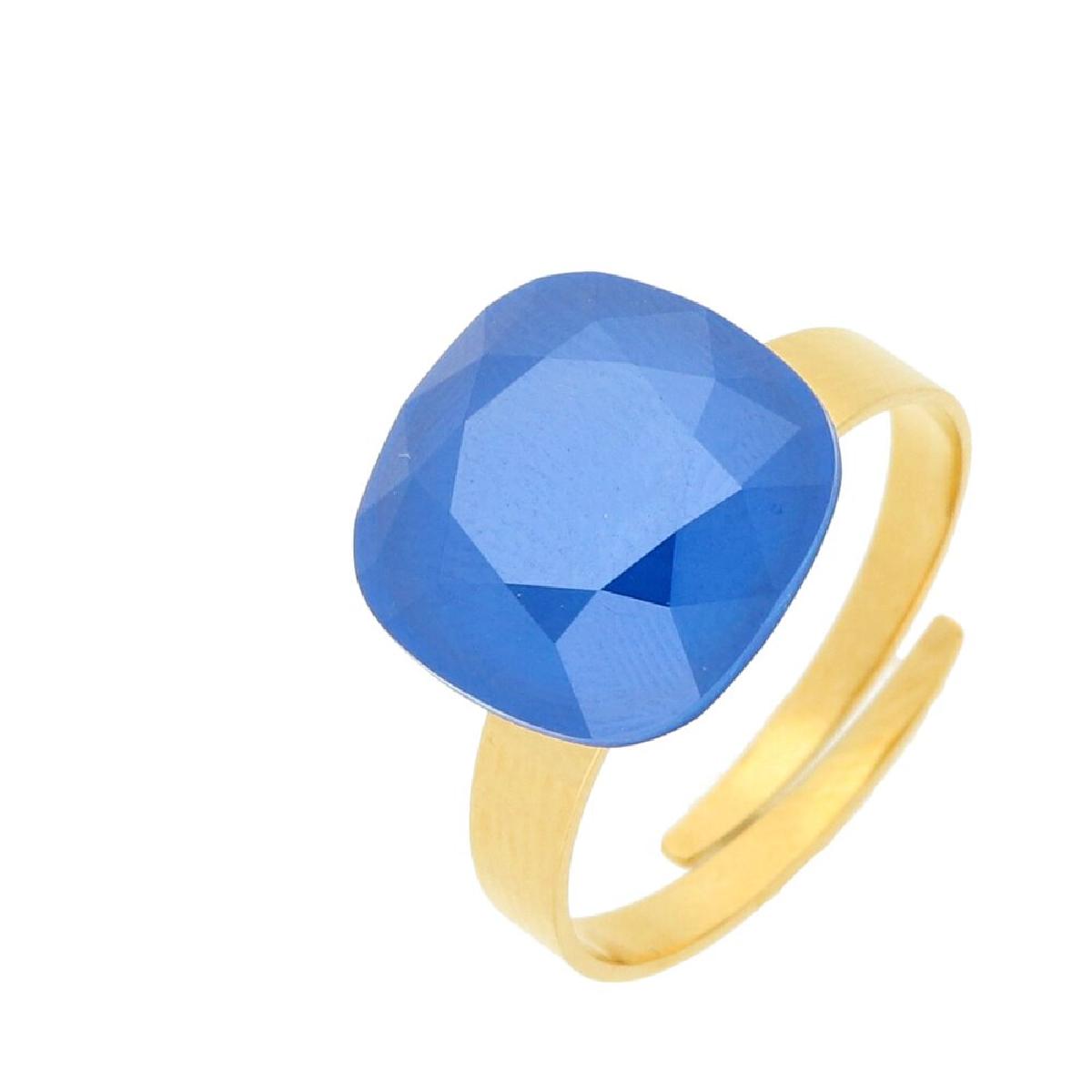 Bague Réglable Carrée Swarovski Bleu Outremer Pour Femme – Acier PVD Jaune Inoxydable