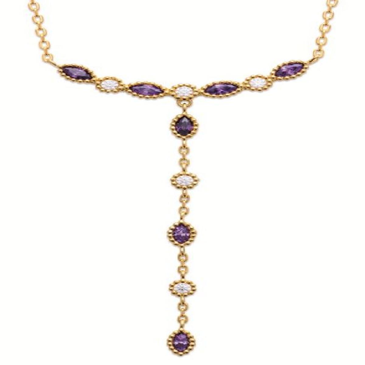 Collier Y Navette Zirconium Blanc et Mauve Ronds – Fermoir Mousqueton Or Jaune Plaqué 3 Microns