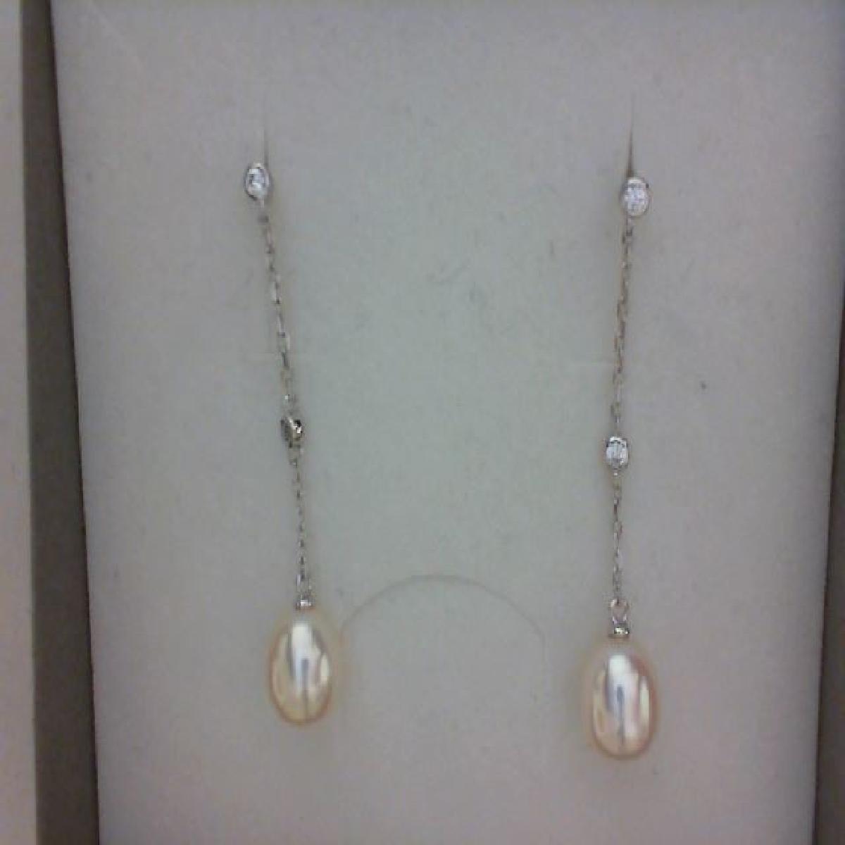 Boucles d'oreilles en argent pendntes avec oxydes et perles de culture 7.5/8 mm