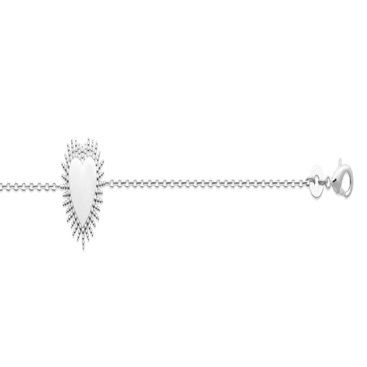 Bracelet Maille Délicate Pendentif Cœur Contour Perlé Gravable – Argent Rhodié 925/1000