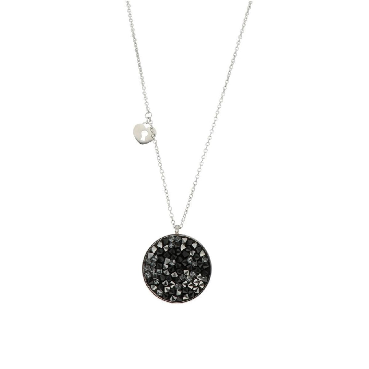 Sautoir Cœur Serrure Serti de Cristaux Swarovski Noir et Pendentif Rond – Acier Gris