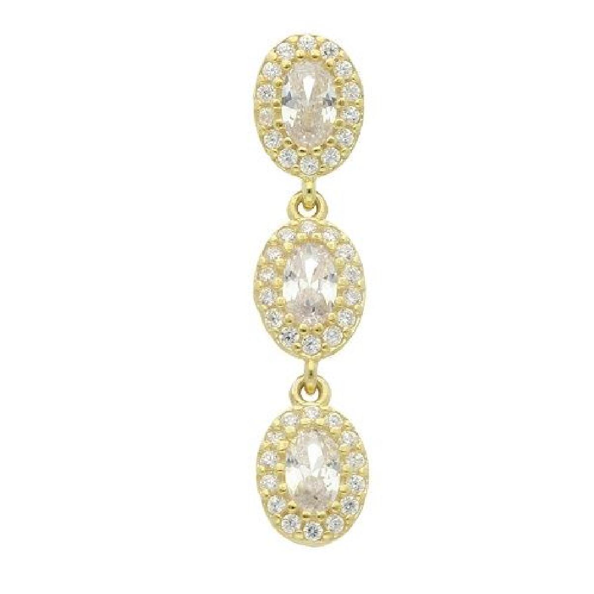 Boucles D'Oreilles Pendantes Trois Ovales Serties Zirconium Oxydes AG925 Argent Doré