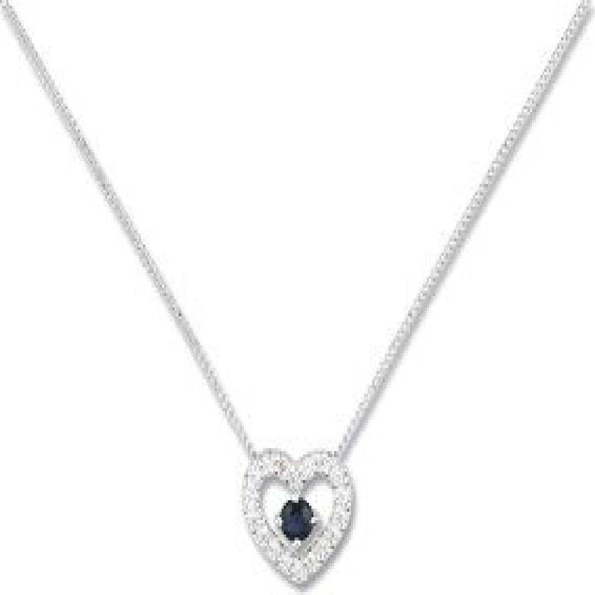 Collier AU375 – Or Blanc 375/1000 Longueur 42 cm Pendentif Cœur Serti D'un Saphir Bleu Profond
