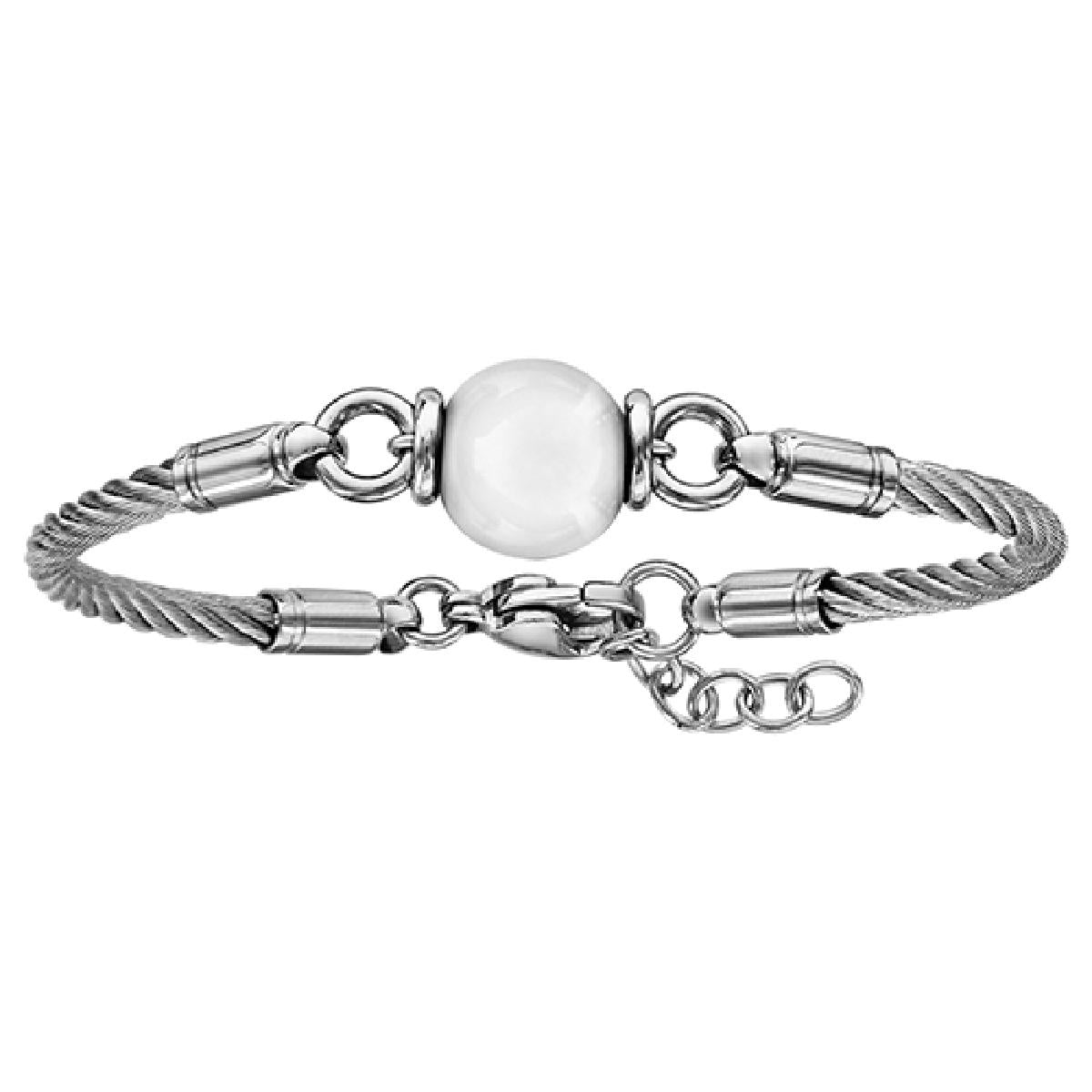Bracelet Câble Boule Céramique Blanche Sur Acier – Longueur 18 + 2 cm, Modèle ALOÏZE