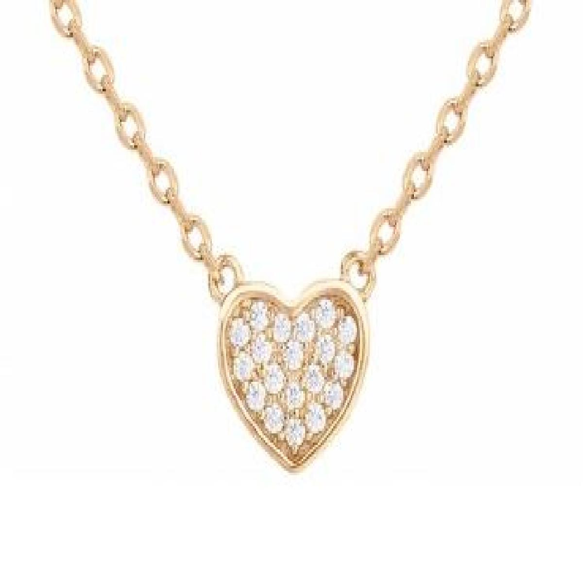 Collier Cœur Serti 19 Oxydes Brillants – Plaqué Or Jaune Chaîne Forçat 38 cm Réglable