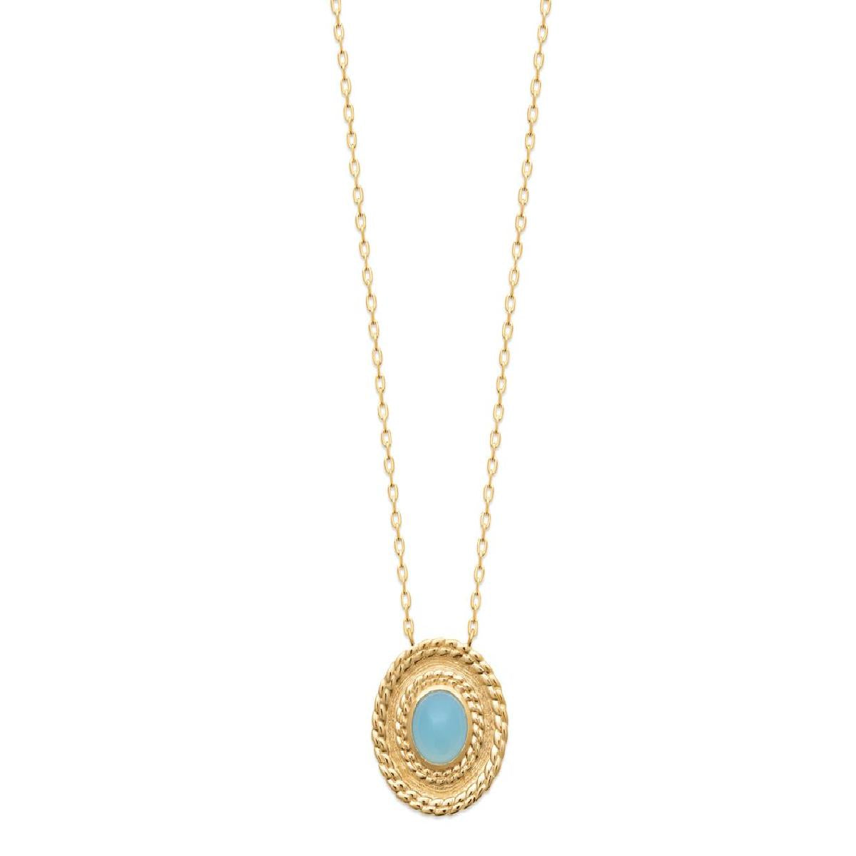 Collier Agathe Agate Bleue – Plaqué Or Jaune 750/1000 Longueur 45 Cm Ajustable Etui Inclus