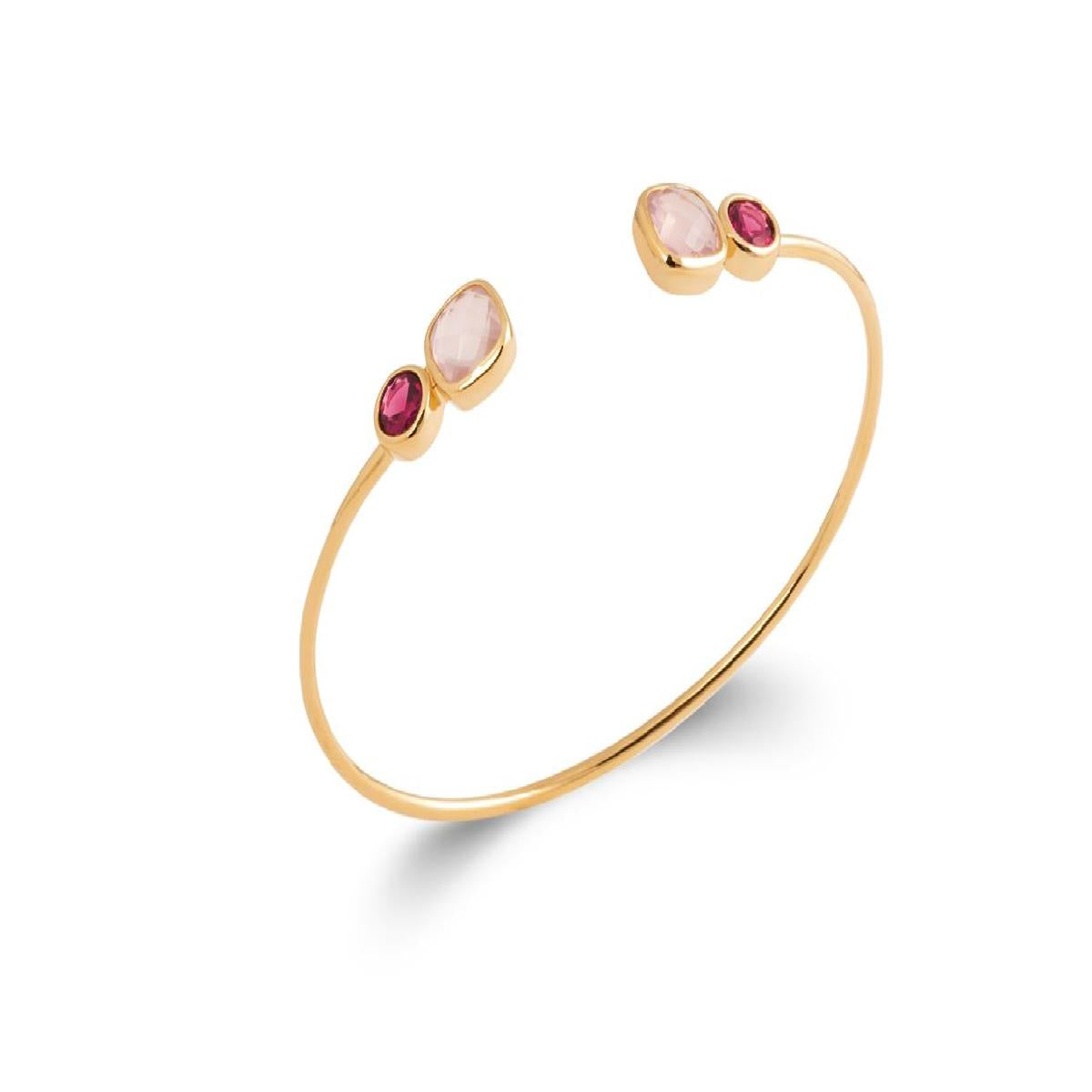 Jonc Quartz Rose Carrée Et Oxyde De Zirconium Rosé, Ouverture Sur Le Dessus – Plaqué Or Jaune 750/1000