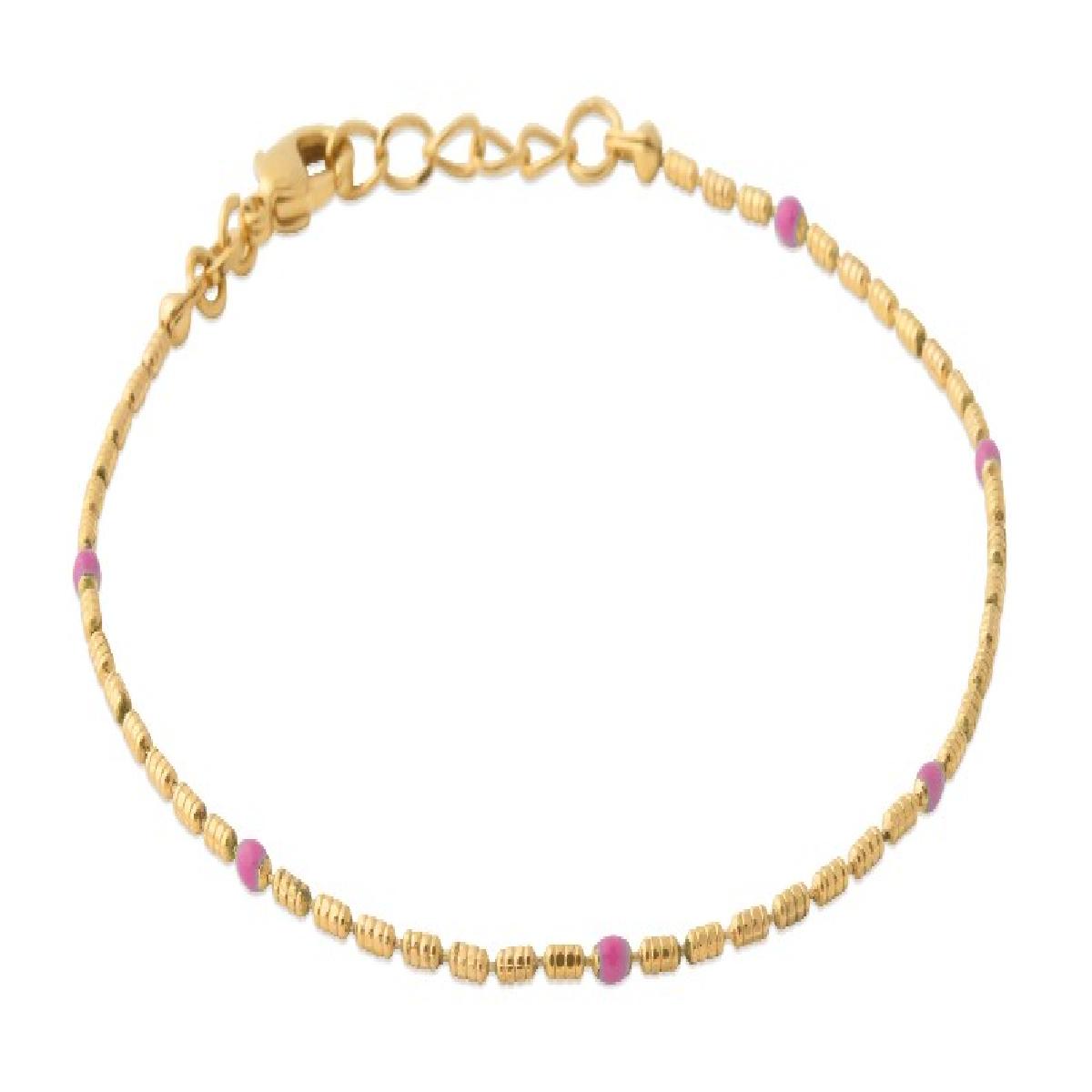 Bracelet Discret Billes D'Émail Rose Longueur 16,5 Cm Finition Satinée Plaqué Or Jaune 3 Microns