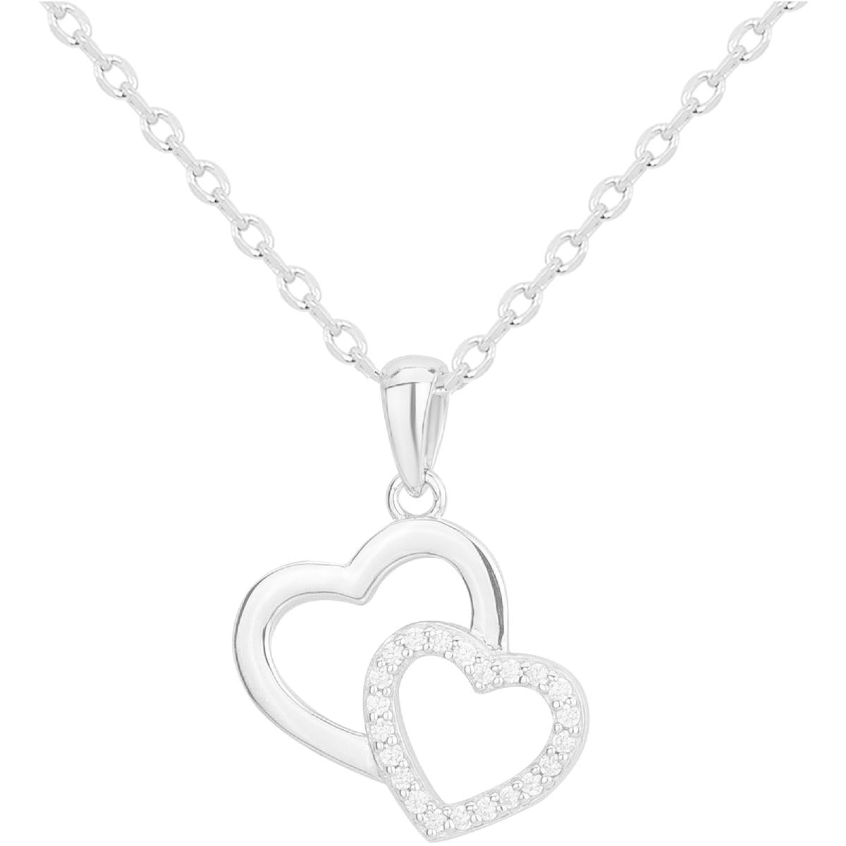 Collier AG925 Argent Rhodié 925/1000 Pendentif Deux Cœurs Superposés Sertis Zirconium