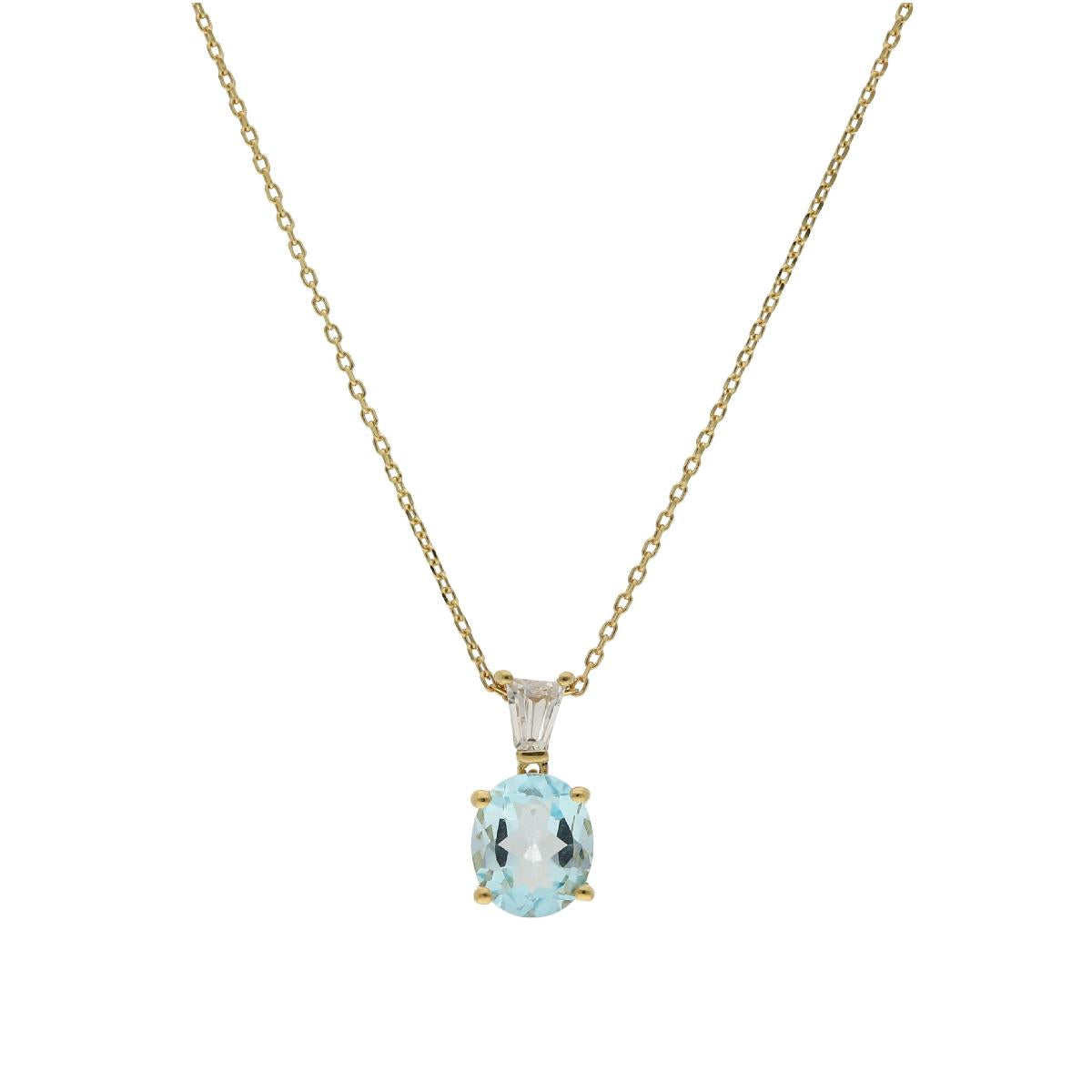 Collier AU375 Topaze Bleue Ovale Facettée Surmontée D'Oxyde De Zirconium – Or Jaune 375