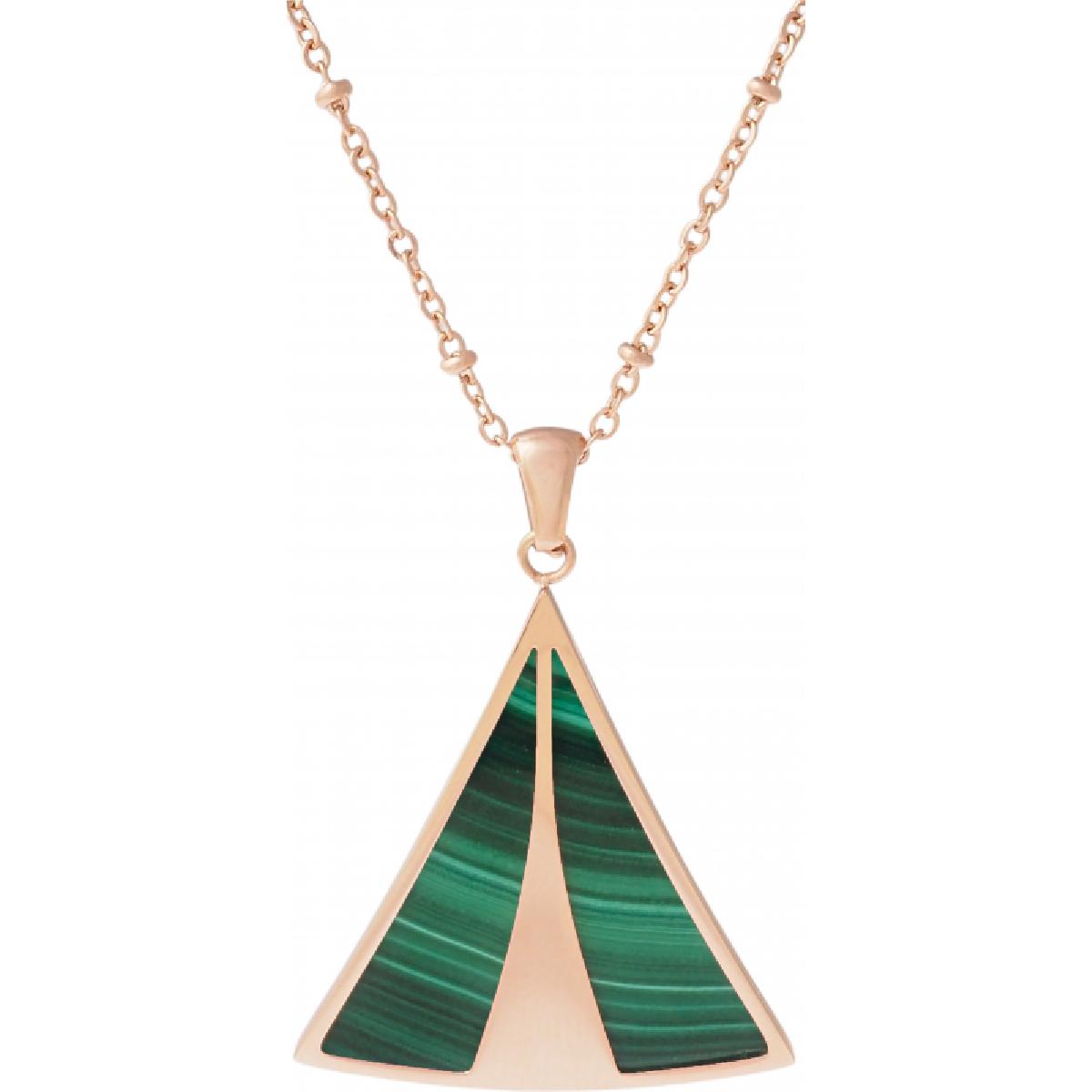 Collier Éventail Malachite Sculpté Modèle Fan Pendentif – Acier Doré Rose
