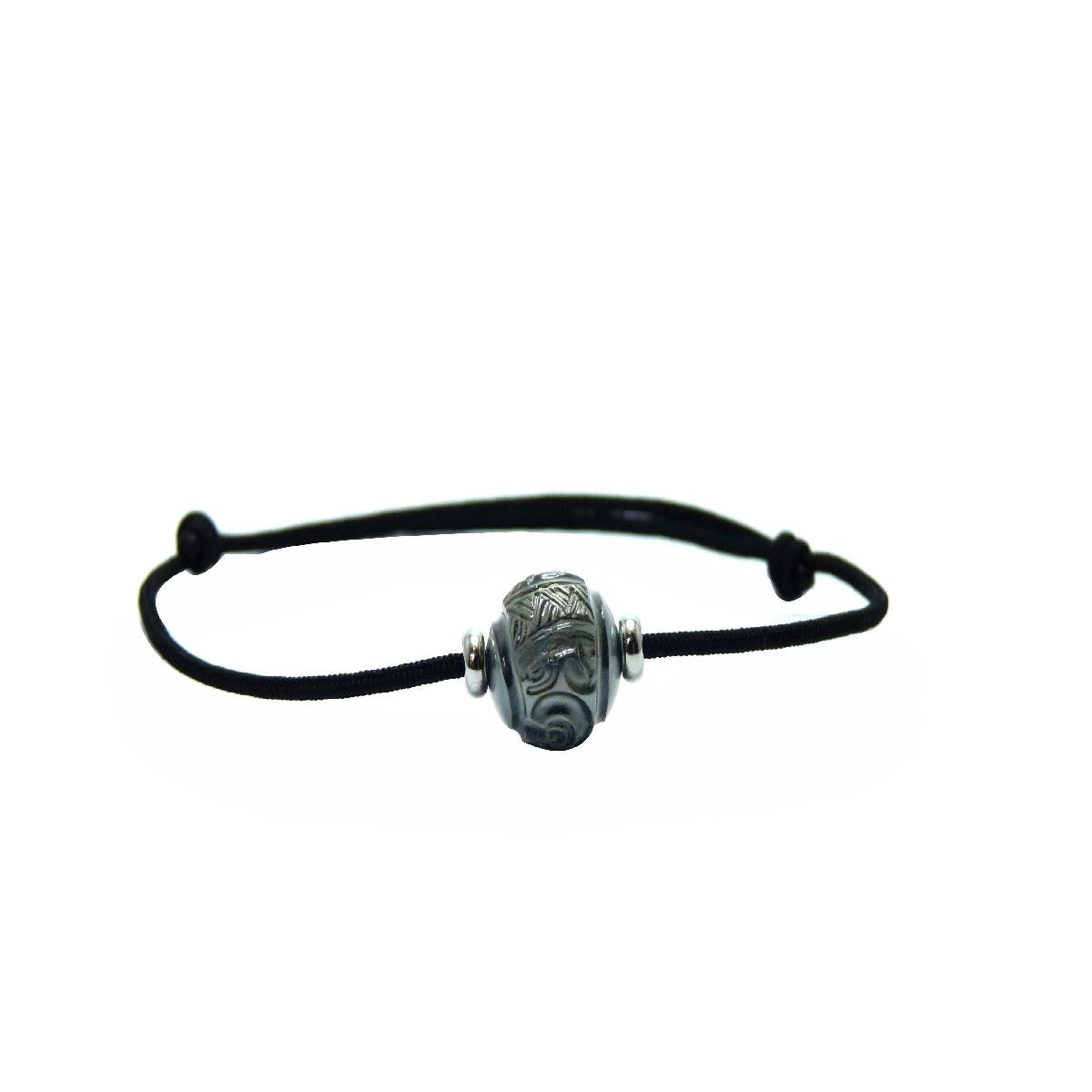 Bracelet AG925 Perle Tahiti Gravée À La Main Sur Cordon Coton Noir – Argent Rhodié 925/1000