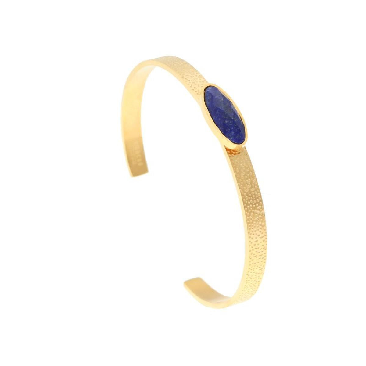 Bracelet Jonc Ouvert Rigide Martelé Lapis Lazuli Taillé en Facettes – Acier Jaune