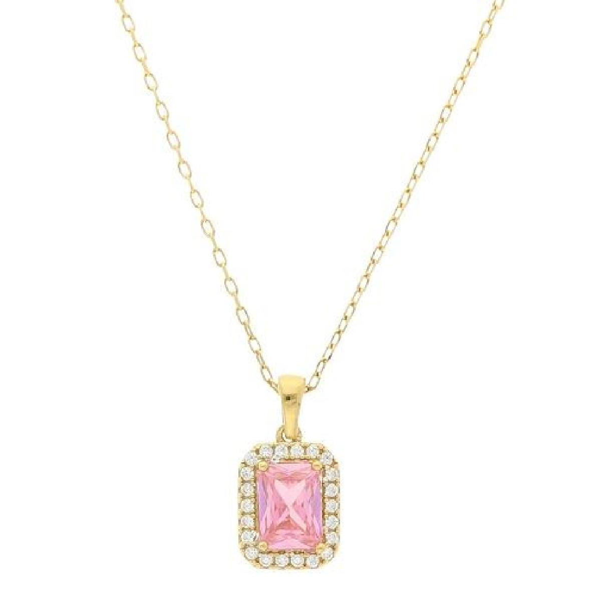 Collier AG925 Oxyde de Zirconium Rectangulaire Rose Clair - Argent Doré Plaqué Fin