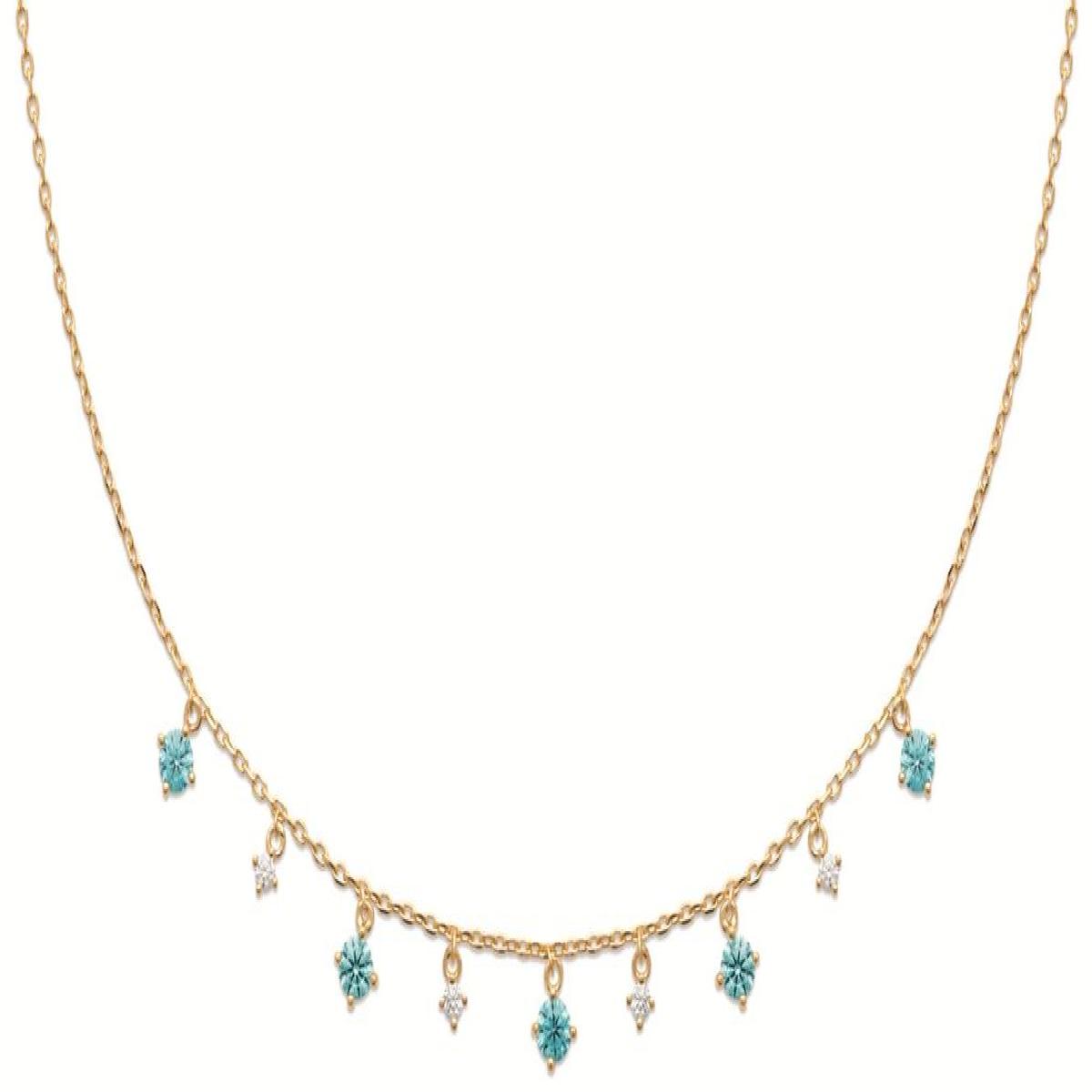 Collier Forçat Or Jaune Plaqué 3 Microns Pampilles en Oxydes de Zirconium Bleues et Blanches