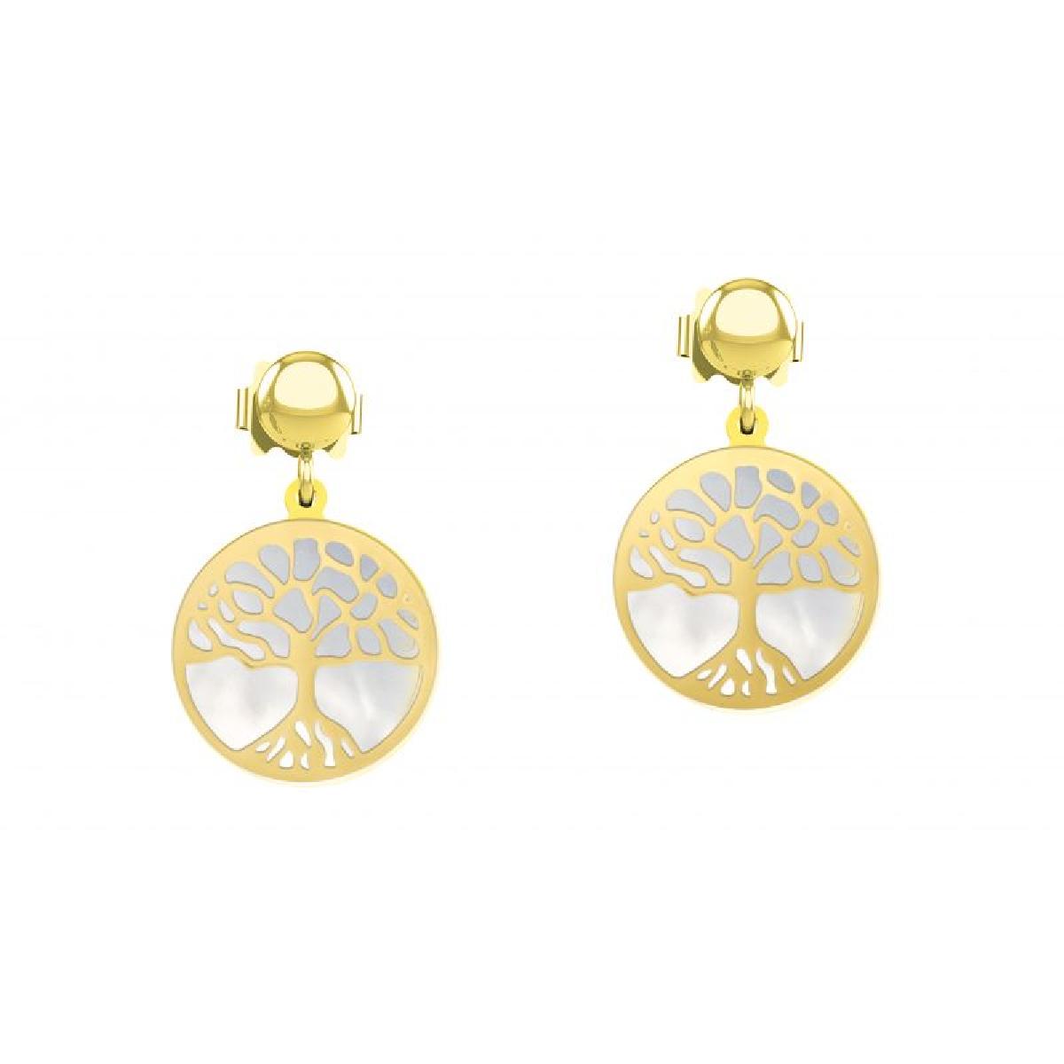 Boucles d'oreilles ALOÏZE Arbre de Vie Ajouré Nacre Blanche – Acier Inoxydable Doré