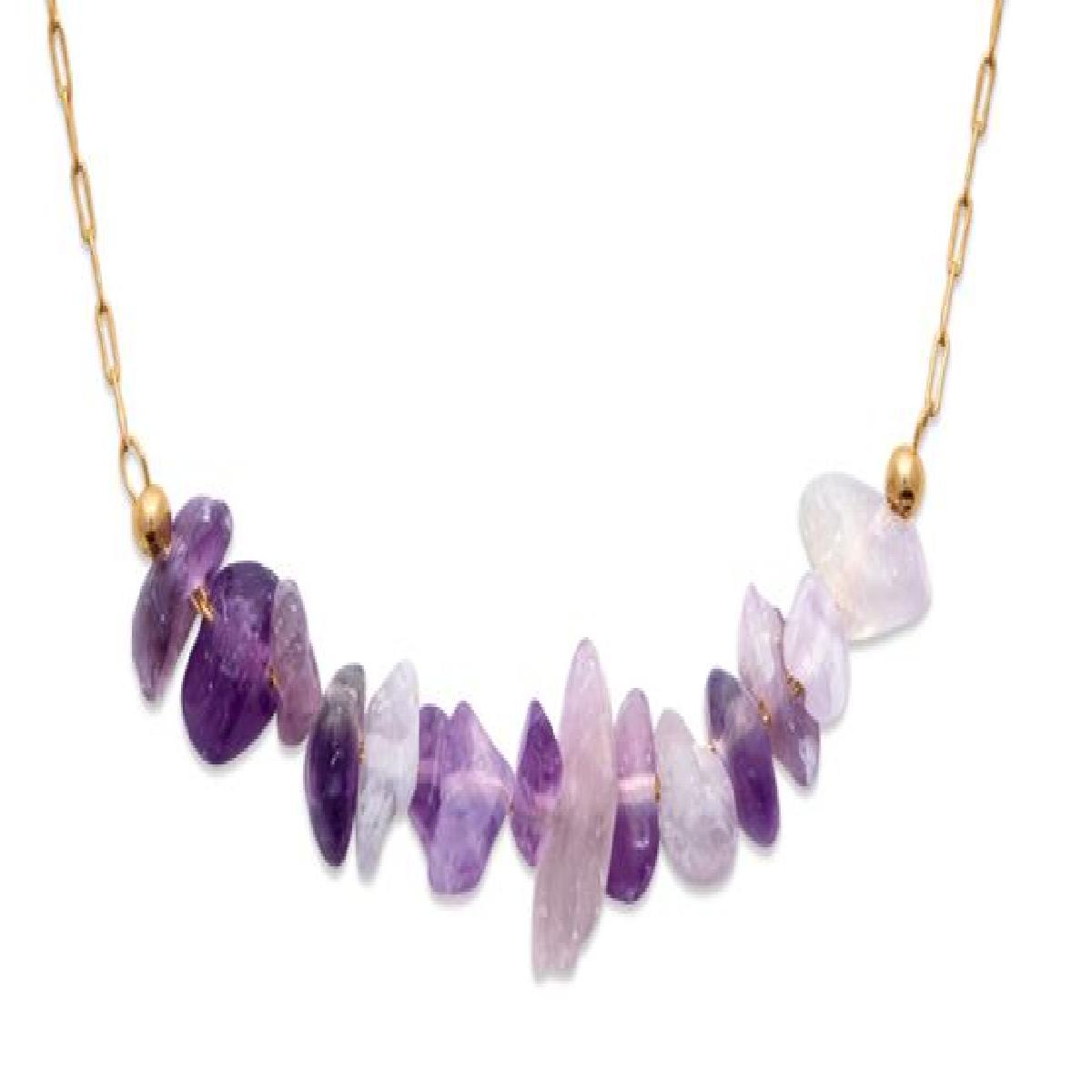 Collier Améthyste Asymétrique – Plaqué Or Jaune 3 Microns Longueur 45 cm Fermoir Mousqueton