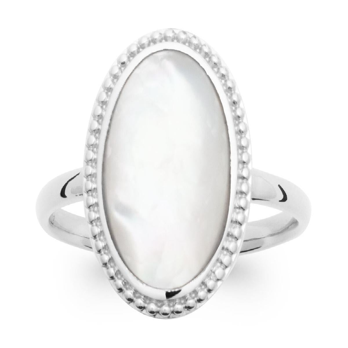 Bague AG925 – Nacre Perlée Sur Plateau Ovale Avec Reflets Délicats – Argent Rhodié 925/1000
