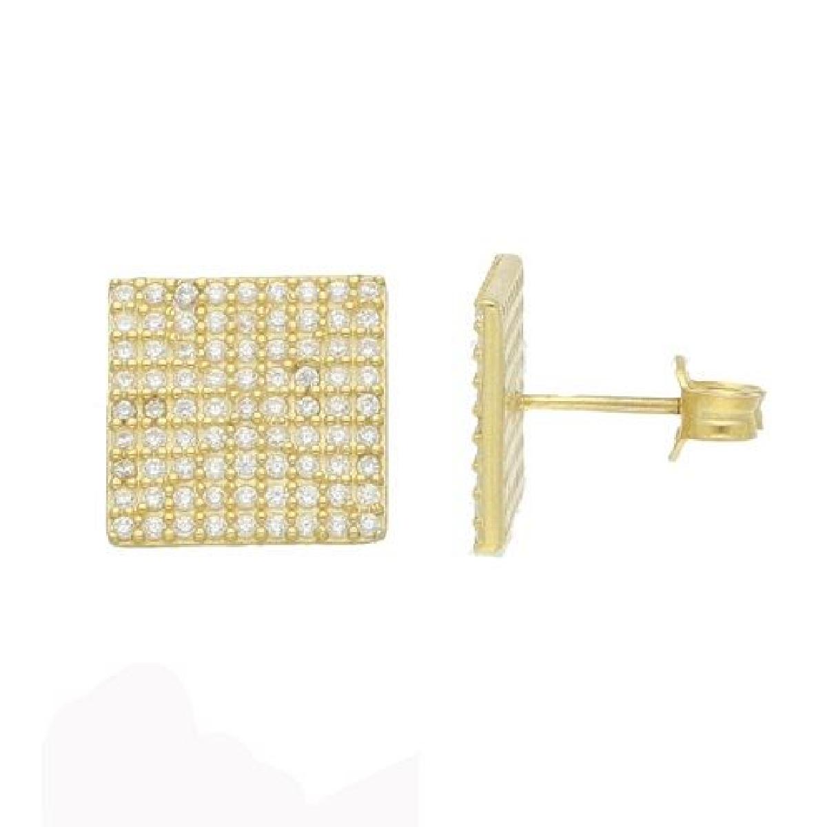 Boucles D'Oreilles AG925 – Or Jaune 18 Carats Vermeil Et Zirconium Carré Serties Puces