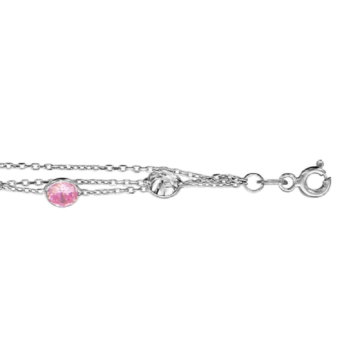 Bracelet AG925 – Argent Rhodié 925/1000, Trois Rangs Maille Forçat, Oxydes de Zirconium Blancs et Roses