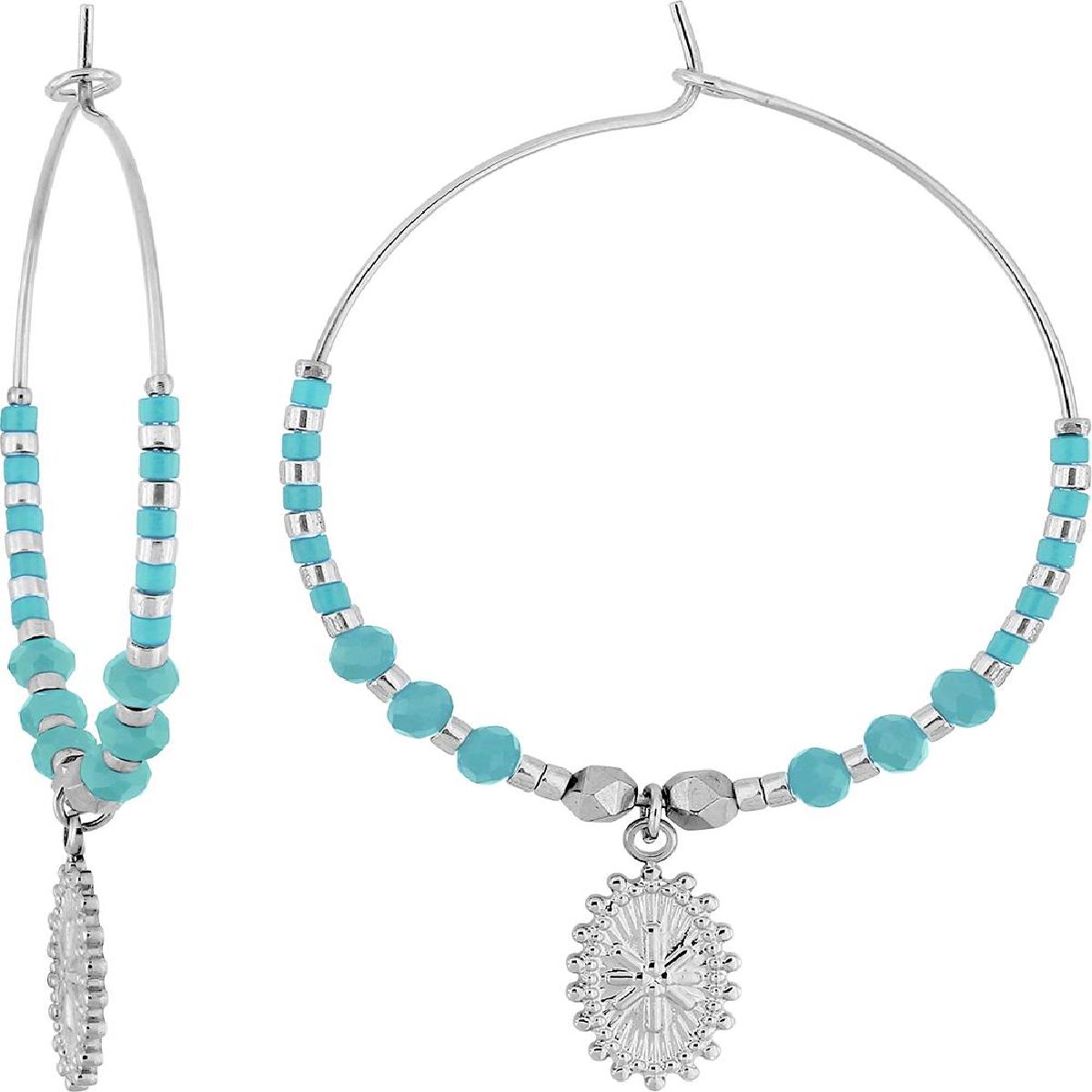 Boucles d'oreilles Créoles Fines Ornées De Pampille Ovale Perlée Et Étoile En Relief – Acier Doré