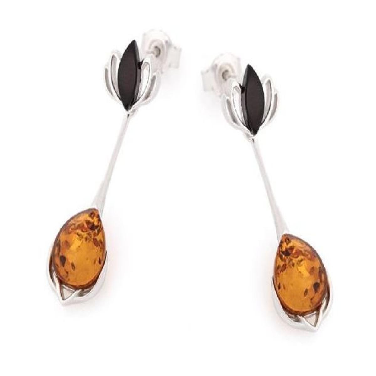 Créole Pendante Pampille Croix Croisée Émaillée Décorée – Argent 925 Ambre Naturel