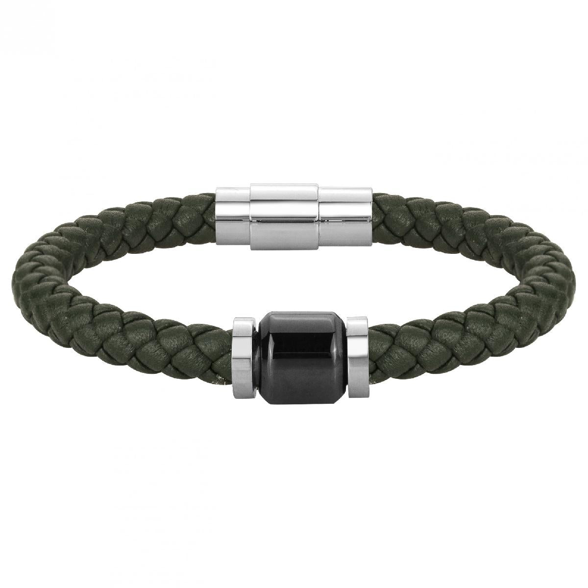 Bracelet Tressé Cuir de Vachette Vert et Perle Cylindrique en Céramique Noire Acier
