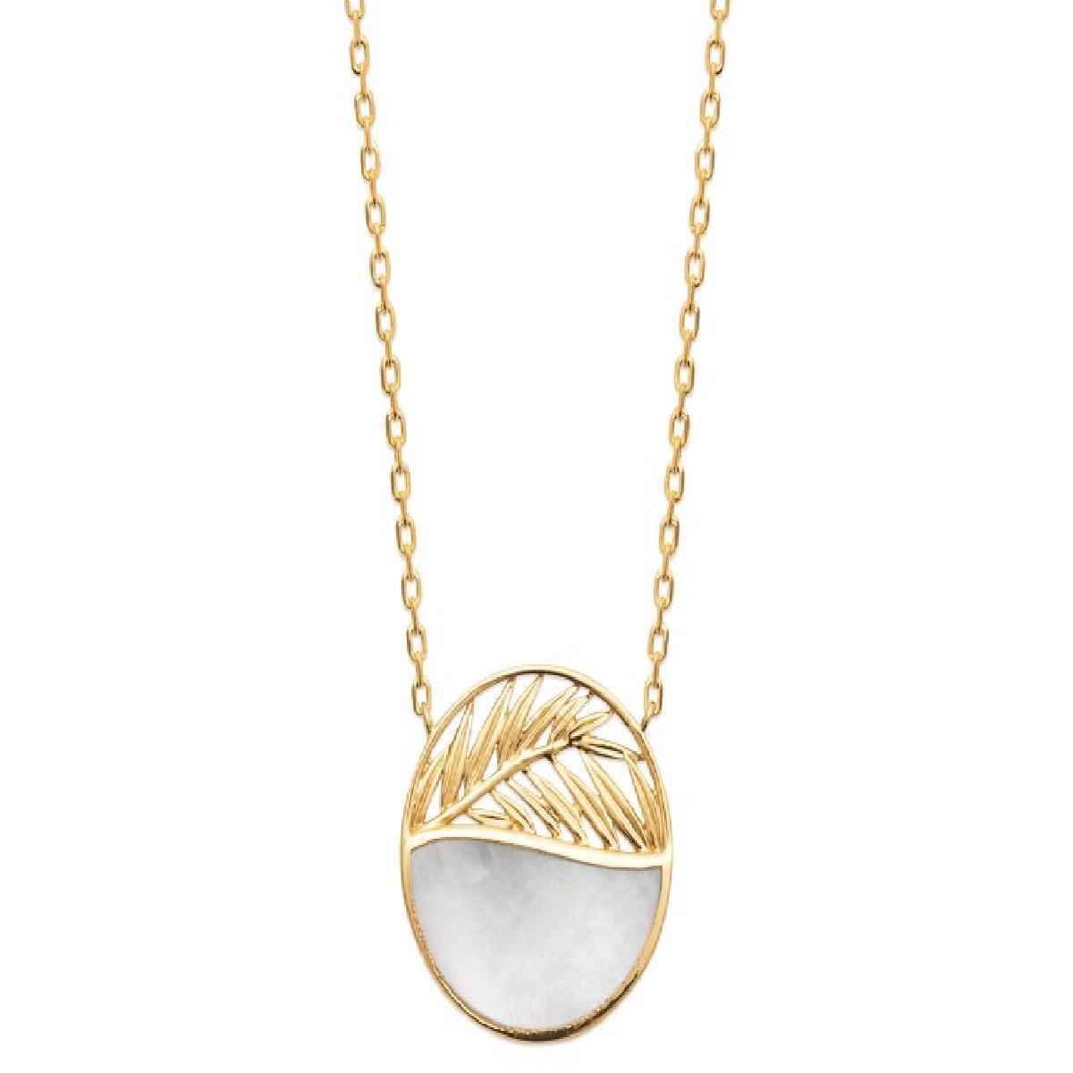 Collier Pendentif Feuilles Ajouré Et Nacre Demi-Rond Véritable Motif Végétal - Or Plaqué Jaune