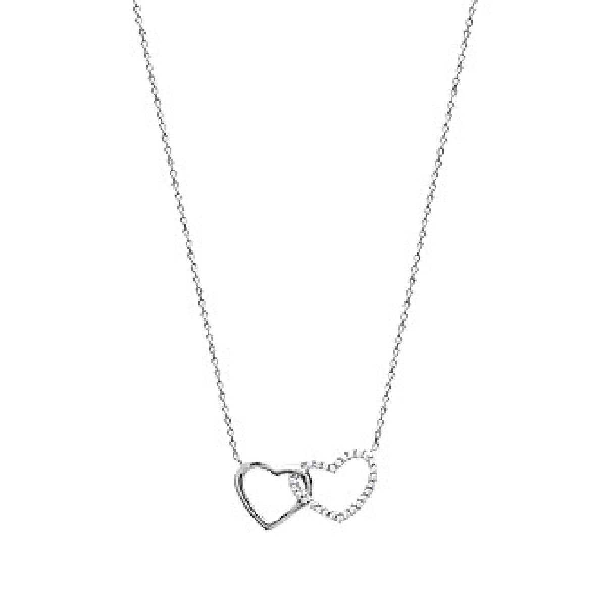 Collier AG925 Argent Rhodié 925/1000 Maille Forçat Deux Cœurs Entremêlés Longueur Quarante Cinq Centimètres