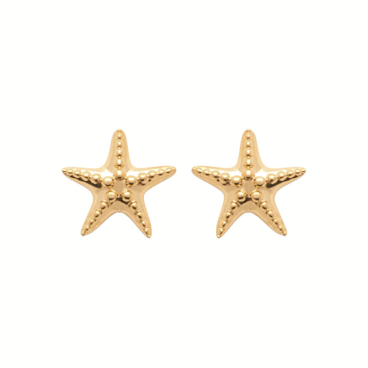Boutons d'Oreilles Ronds Gravés Motif Étoile et Croix Incrustés – Or Jaune 18 Carats