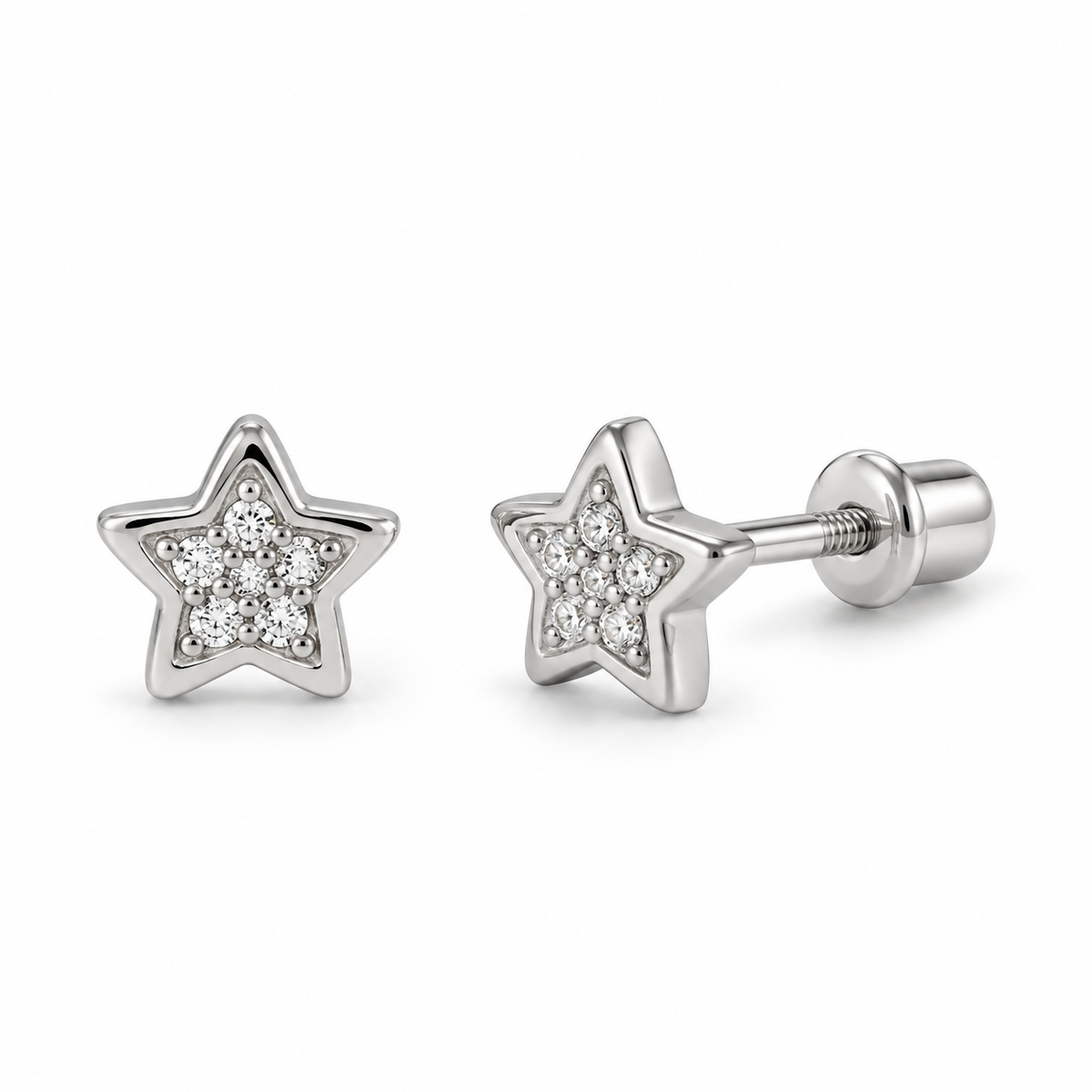 Boucles d’oreilles puces étoile en or gris 9 carats et oxydes de zirconium – vue produit